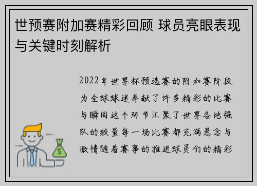 世预赛附加赛精彩回顾 球员亮眼表现与关键时刻解析